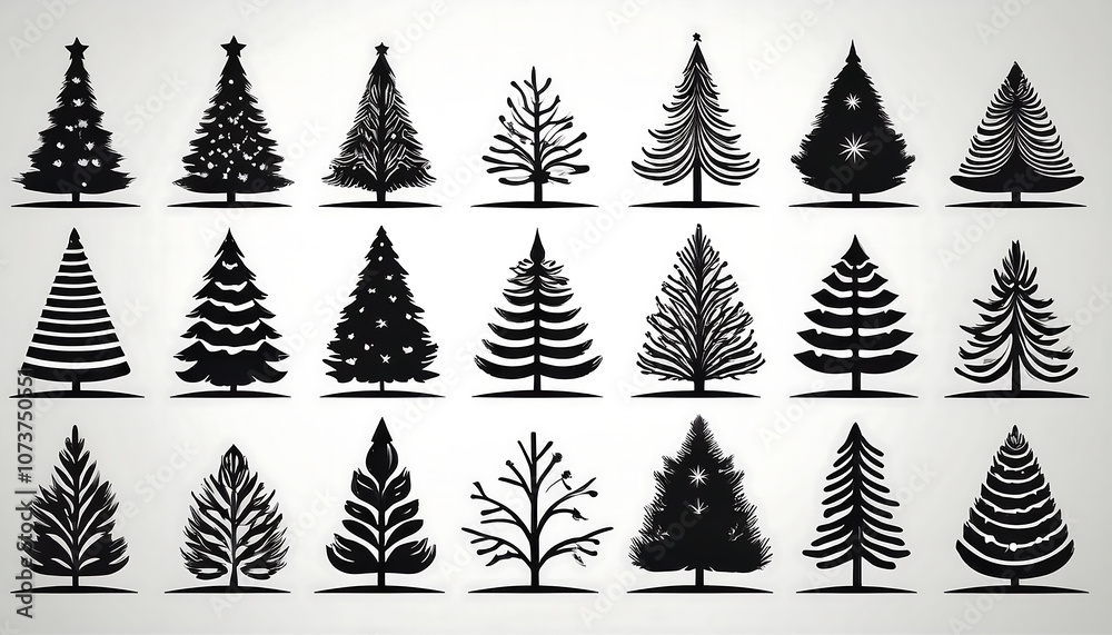 Poster  A set of Christmas tree silhouettes and pine icons in various shapes and sizes as monochrom_1(194)