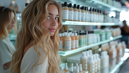 A woman with long blonde hair is standing at the counter of an online store selling natural cosmetics and spa products.