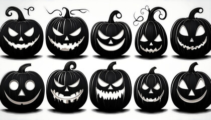  A set of black vector art pumpkin faces in silhouette form against a transparent background_1(192)