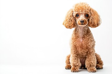 Sitting apricot poodle on white background