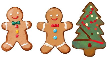 Fototapeta premium Cute Gingerbread Men and Christmas Tree Cookie Decoration, Isolated on transparent background.