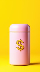 A stylish pink trash can with a dollar sign, isolated on a bright yellow background, symbolizing waste of money and financial concepts.
