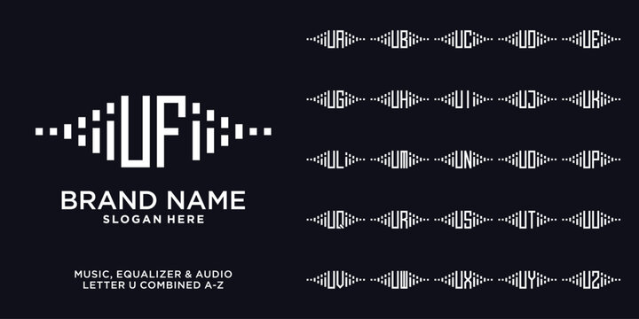 Set of audio, equalizer, and music logo design initial u combine with letter a to z and white color