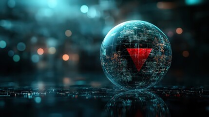  Futuristic glass sphere with a red symbol inside, floating in a digital world, symbolizing artificial intelligence and technological mystery.