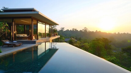 Fototapeta premium A modern villa with an infinity pool overlooking a lush green valley at sunset.