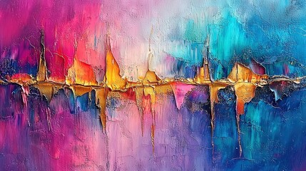  A vibrant painting featuring hues of blue, yellow, pink, and purple against a serene water backdrop, adorned with boats