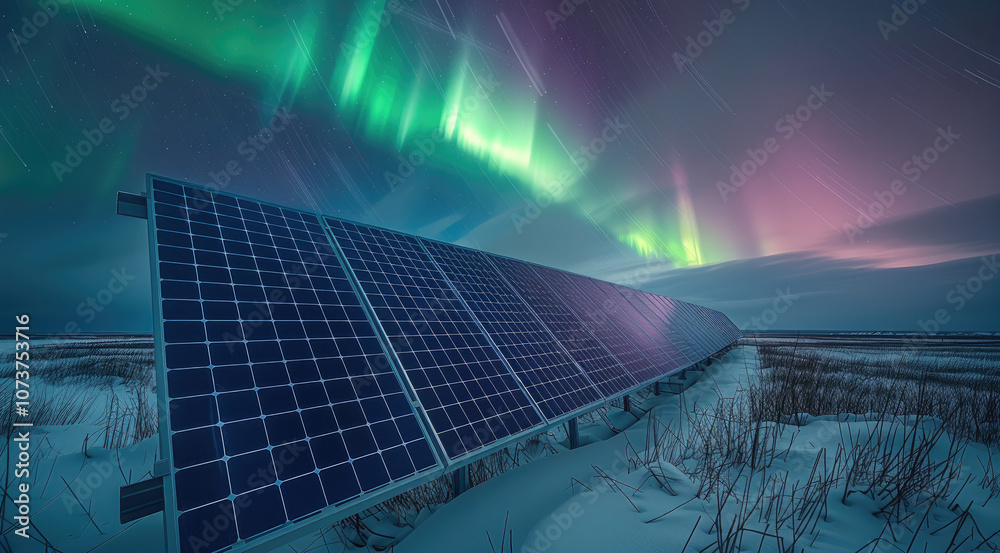 Poster a solar panels in a field with the northern lights above it causing reflections.