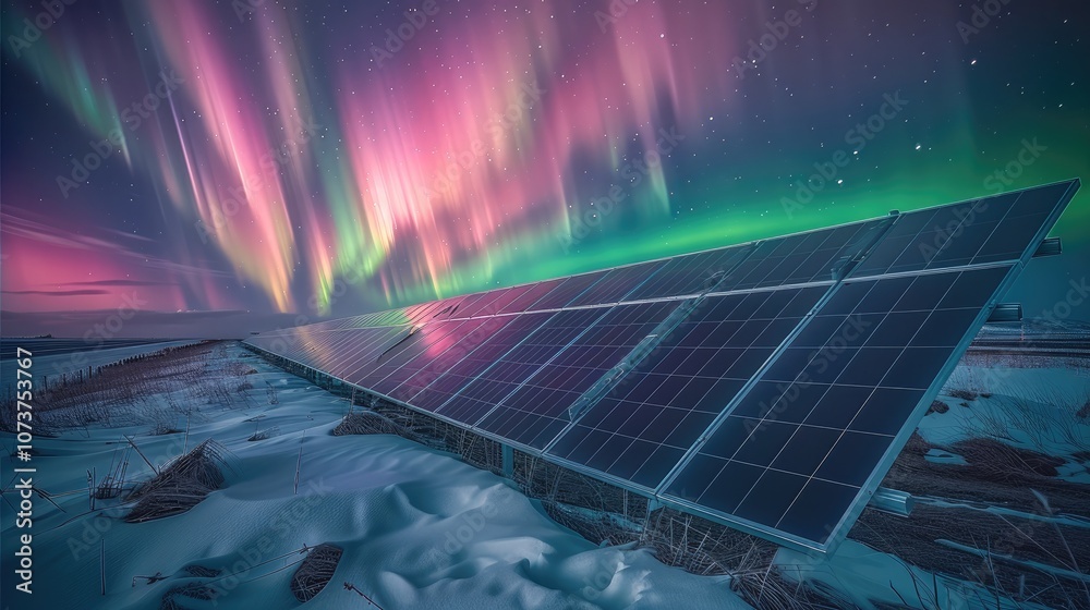Poster a solar panels in a field with the northern lights above it causing reflections.