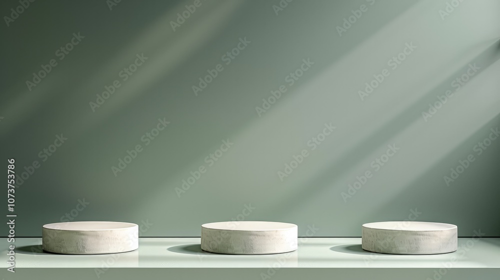 Aufkleber A minimalist and elegant background for product presentation with a soft green color, empty space in the middle of the picture, and three cube-shaped podiums on it.