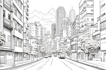 Black and white clean coloring page for adults, street shot of downtown, Rio
