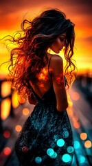 Naklejka premium An image of a woman silhouette against a sunset with her hair billowing in the wind as she faces away from the camera