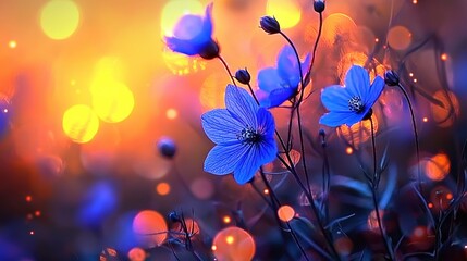   Blue flowers atop green field with yellow-blue sky in background