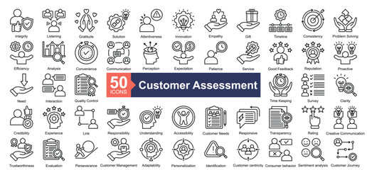 Customer Assessment icon collection set. Containing Integrity, Listening, Gratitude, Solution, Attentiveness, Innovation, Empathy, Gift, Timeline icon. Simple outline illustration.