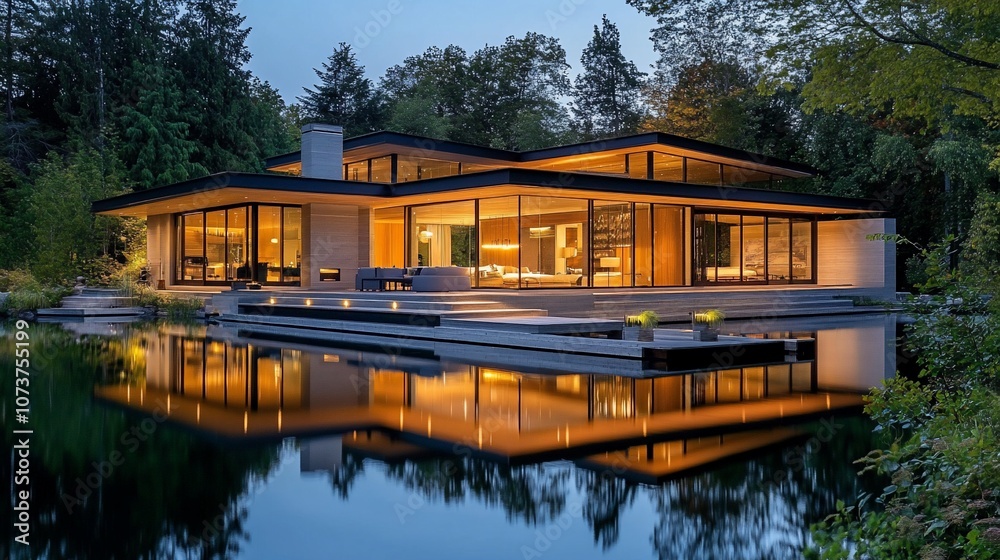 Poster a modern, single-story house with large windows and a reflecting pool in the front yard. the house i