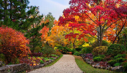 Naklejka premium A serene garden path winds through vibrant autumn foliage, surrounded by towering trees and_1(176)