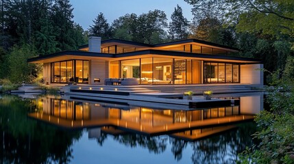 Obraz premium A modern, single-story house with large windows and a reflecting pool in the front yard. The house is lit up at dusk, and the reflection of the house is visible in the water.
