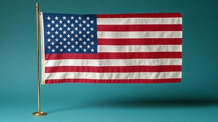 American flag waving on a gold pole against a blue background.