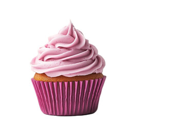 A pink cupcake with pink frosting and pink sprinkles. on transparent background.