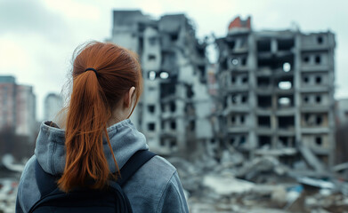 Obraz premium Woman Observing Building Ruins: A woman with red hair stands facing the rubble of a destroyed building, symbolizing loss and resilience.