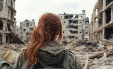 Woman Observing Building Ruins: A woman with red hair stands facing the rubble of a destroyed building, symbolizing loss and resilience.