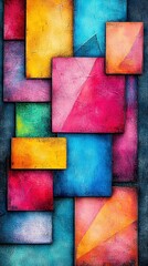 Fototapeta premium Multicolored squares and rectangles on a black canvas, centered by a red, yellow, blue, and green rectangle