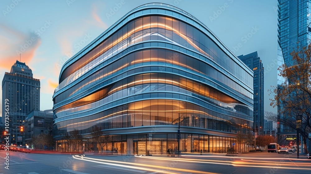 Aufkleber Modern mixed-use building, 14-story structure with practical curves and lines, located on a busy city street corner, a glass and concrete elements, subtle urban background.