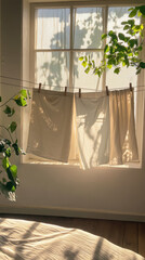 Clothes drying in sunlight by a bright window showcasing the eco-friendly practice of air drying laundry in a serene indoor space