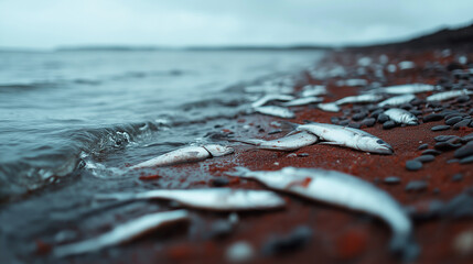 Naklejka premium Dead Fish on Polluted Shoreline: Numerous dead fish scattered along a polluted shore with industrial factories in the background. 