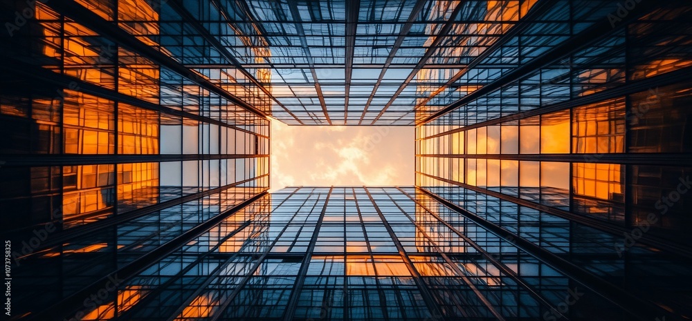 Poster looking up at a modern glass building with a bright sky visible through the windows.