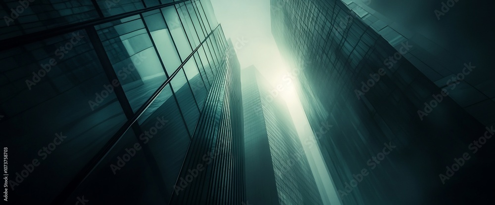 Poster looking up at tall modern buildings with a beam of sunlight breaking through the fog.