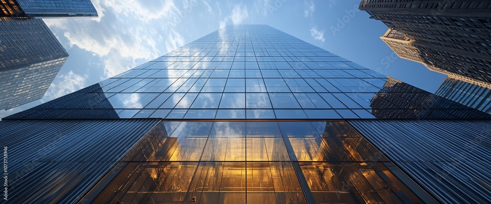 Aufkleber Low angle view of a modern glass skyscraper with a blue sky and clouds reflected in the windows.