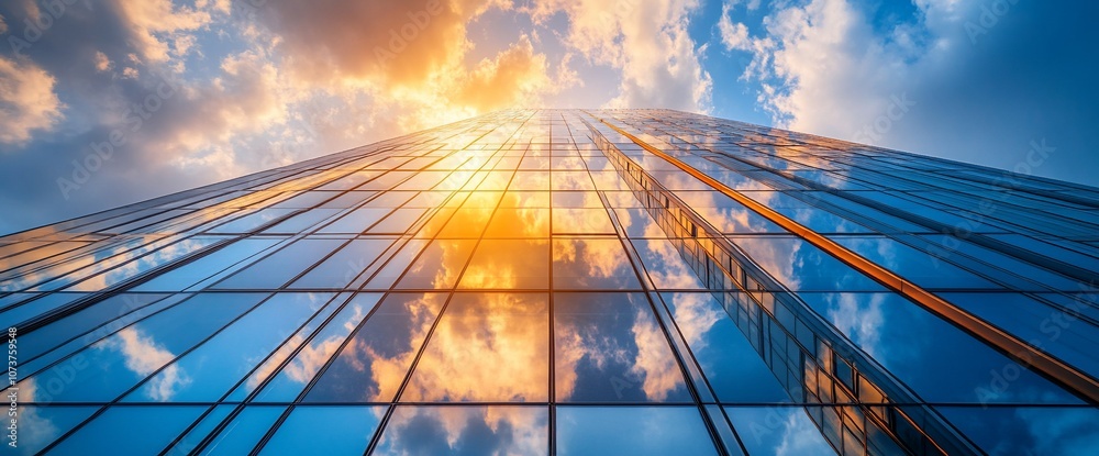 Aufkleber low angle view of a skyscraper reflecting a sunset sky.
