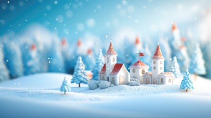 A whimsical winter scene showcasing a snowy village with charming houses and pine trees, evoking a magical holiday atmosphere.