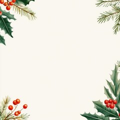 A festive border featuring holly and pine, adorned with red berries, ideal for holiday-themed graphics or greeting cards.