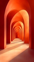 Fototapeta premium A stunning perspective view of a corridor featuring multiple arches, bathed in warm orange hues, creating a tranquil and inviting atmosphere.