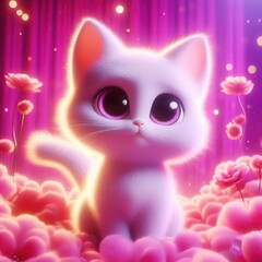 Adorable cartoon cat with big eyes, surrounded by vibrant pink flowers against a dreamy backdrop, perfect for pet-related businesses and children's products.