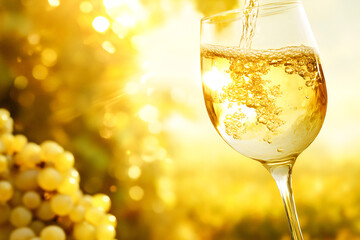 Wine glass with poured white wine and vineyard landscape of sunshine
