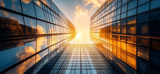 Plakat Low angle view of modern glass skyscrapers against a bright sunset sky.