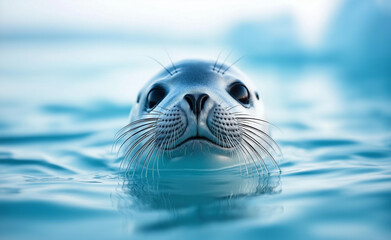 Fototapeta premium Seal Emerging from Water: Adorable seal poking its head above the surface of calm blue water, creating a peaceful and curious scene.