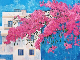 Bougainvillea plant in full bloom adorned with vibrant pink flowers set against a backdrop of contemporary architecture