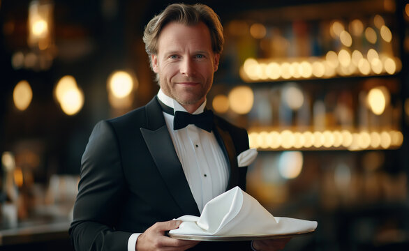 Elegant Waiter in Black-Tie: Smiling waiter in formal black-tie attire holding a napkin, standing in a warmly lit upscale restaurant.