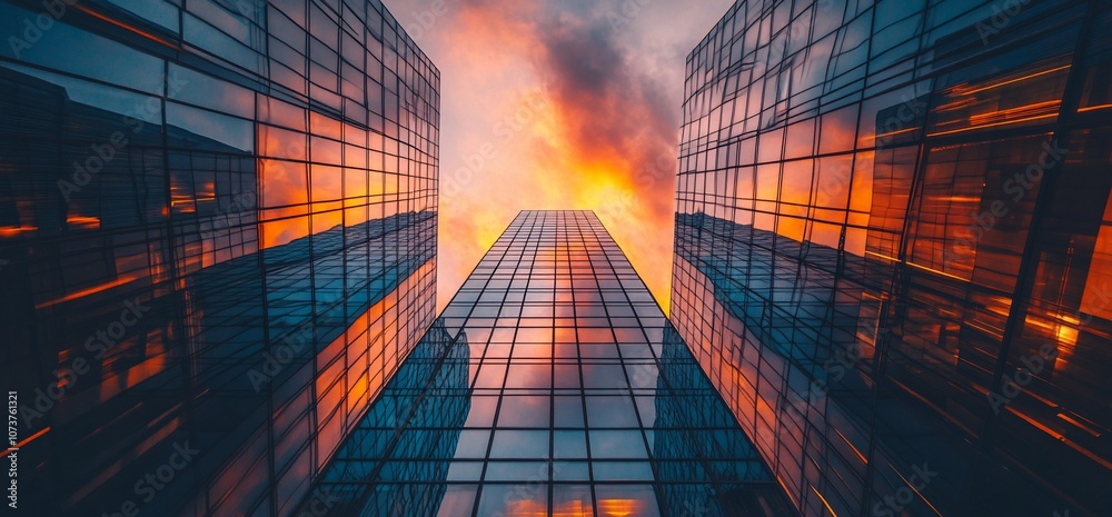 Aufkleber low angle view of tall glass buildings with a sunset reflecting in the windows.
