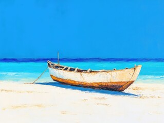 Naklejka premium A traditional dhow resting on a sandy beach with a vibrant blue water backdrop
