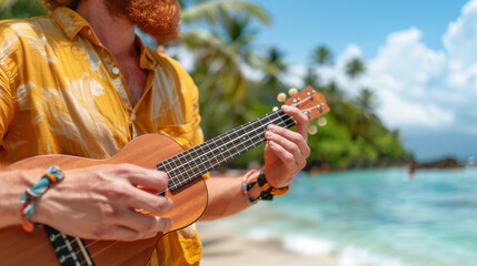 Fototapeta premium With an enchanting ocean view and palm trees surrounding him, a handsome redhead plays uplifting tunes on his ukulele, radiating joy and relaxation