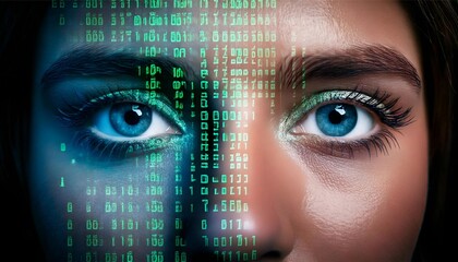 Cyber eye code terminal running down face AI generated woman blue matrix green vibe eyes closeup