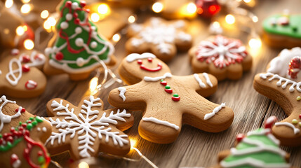 Festive Christmas cookies decorated with icing in various holiday shapes, surrounded by warm string lights.