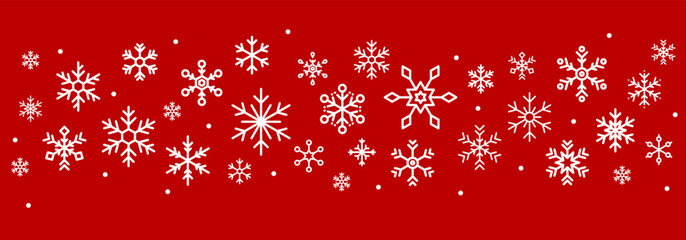 white snow crystals, flakes in red background for Christmas banner, background template for covers, posters, flyers