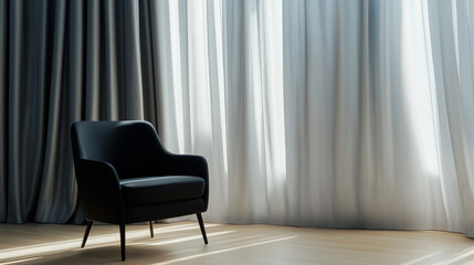 Minimalist black chair in a modern interior with soft natural light and floor-to-ceiling curtains.