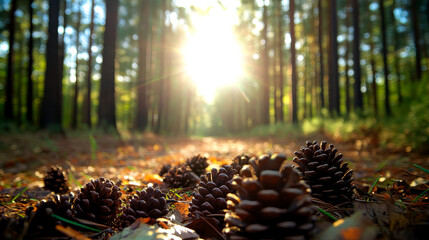 Pine cones scattered on a forest floor illuminated by sunlight filtering through tall trees, creating a tranquil and serene atmosphere in nature.