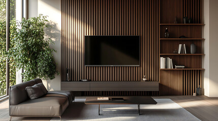 Sunlit midcentury-style bookcase enhancing the ambiance